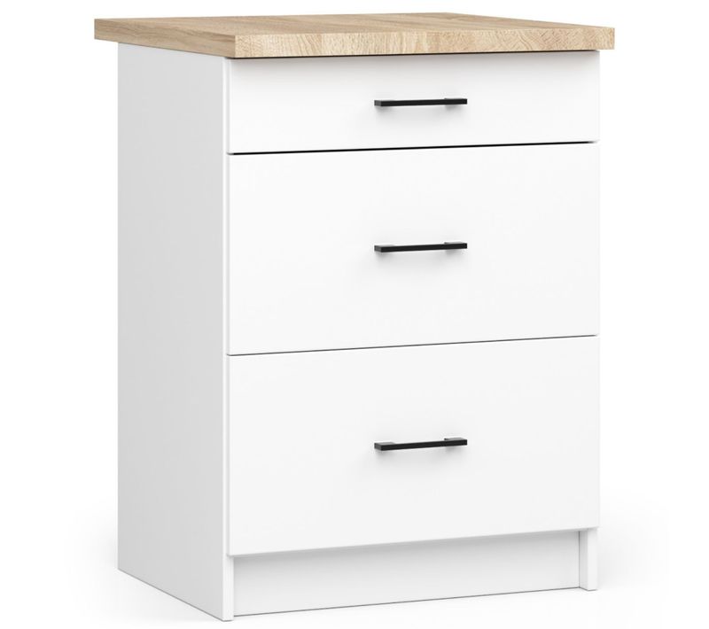 Meuble De Cuisine Bas S60 Oliwia Modulable Blanc 60 Cm 3 Tiroirs Façade Blanche 60x46x85 Cm