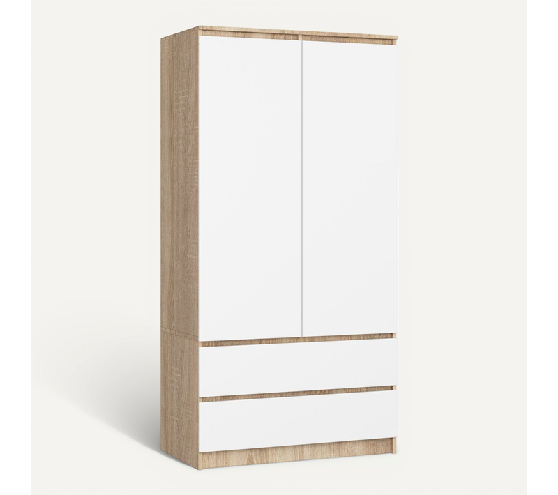 Armoire Akord S90 Chêne Sonoma 90 Cm 2 Portes 2 Tiroirs Façade Blanche 4 étagères 90x51x180 Cm