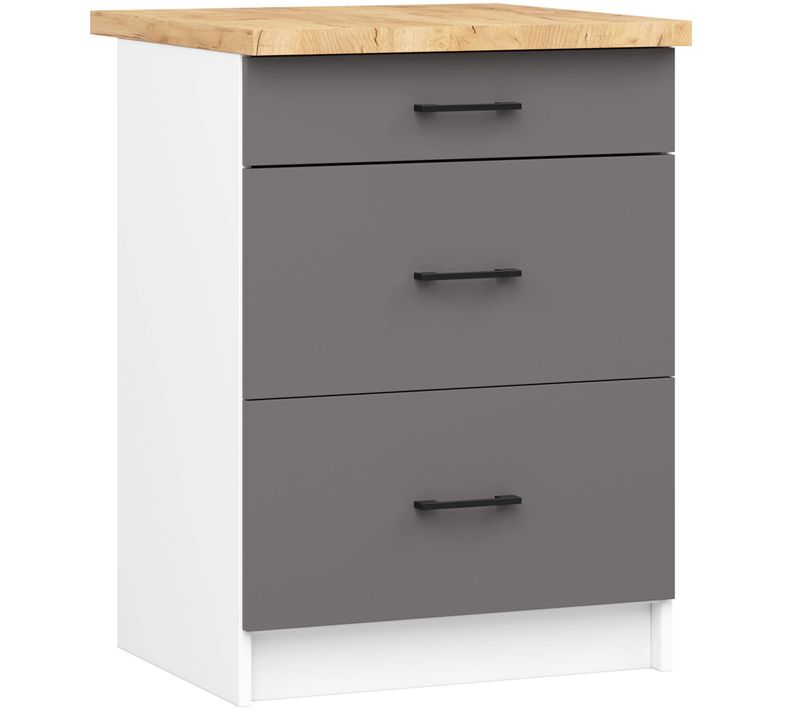 Armoires De Cuisine Basse Akord S60 Oliwia Blanc 60 Cm 3 Tiroirs Façade Gris Graphite 60x46x85 Cm