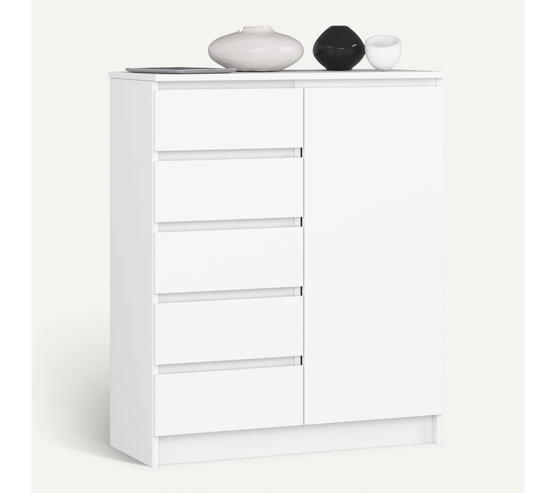 Commode K80 Blanche 80 Cm 1 Porte 5 Tiroirs 3 Étagères 80x35x97 Cm
