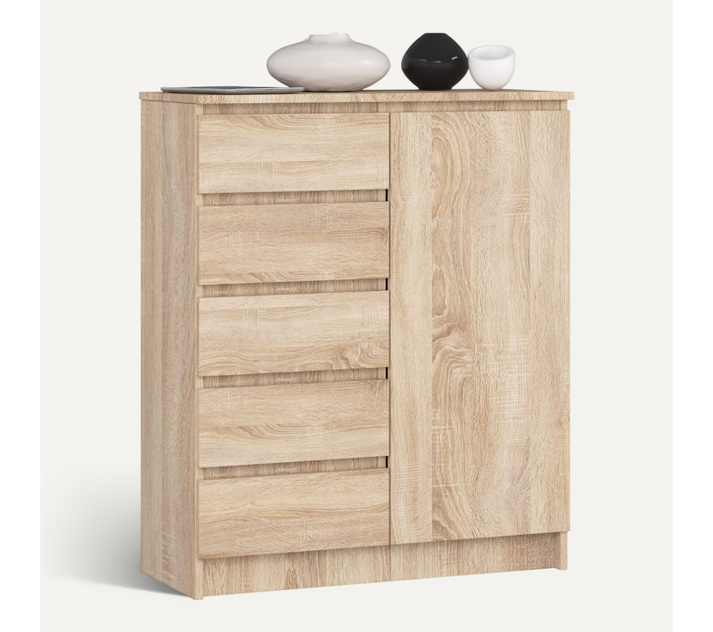 Commode K80 Chêne Sonoma 80 Cm 1 Porte 5 Tiroirs 3 Étagères 80x35x97 Cm