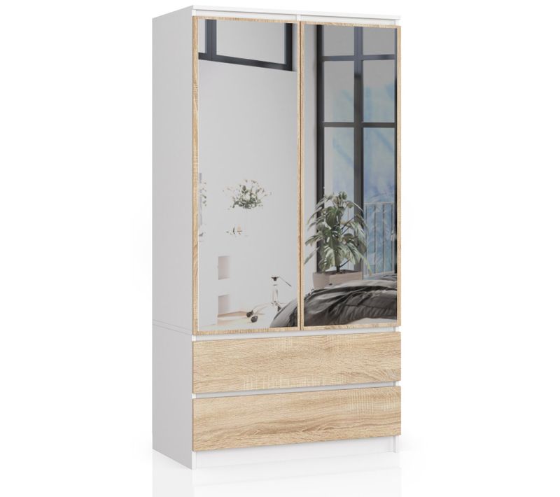 Akord Armoire 2 Portes 2 Tiroirs 2 Miroirs Blanc Et Chêne Sonoma 90x51x180
