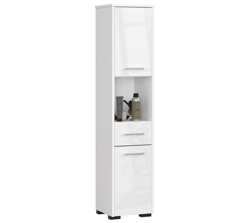 Akord Armoire Salle De Bain Colonne 2 Portes 1 Tiroir 1 Niche Blanc/blanc Brillant 30x30x140