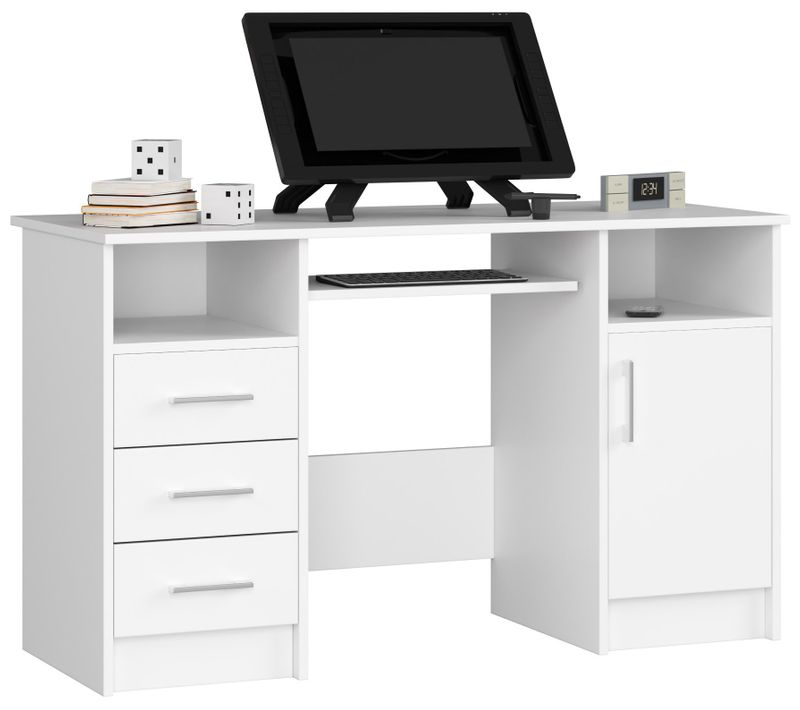 Bureau D'ordinateur Akord Ana Blanc 124 Cm 1 Porte 3 Tiroirs Façade Blanche 5 Étagères 124x52x74 Cm
