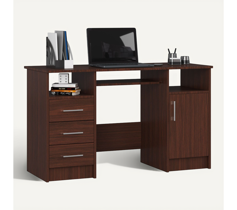 Bureau D'ordinateur Ana Wengé 124 Cm 1 Porte 3 Tiroirs Façade Wengé 5 Étagères 124x52x74 Cm