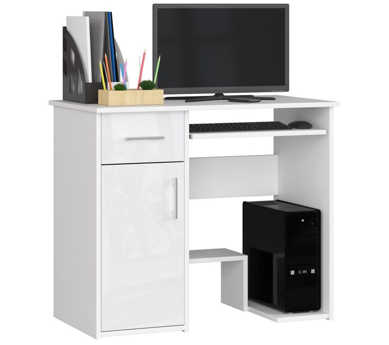 Bureau D'ordinateur Jay Blanc 90 Cm 1 Porte 1 Tiroir Façade Blanche Brillante 3 Étagères