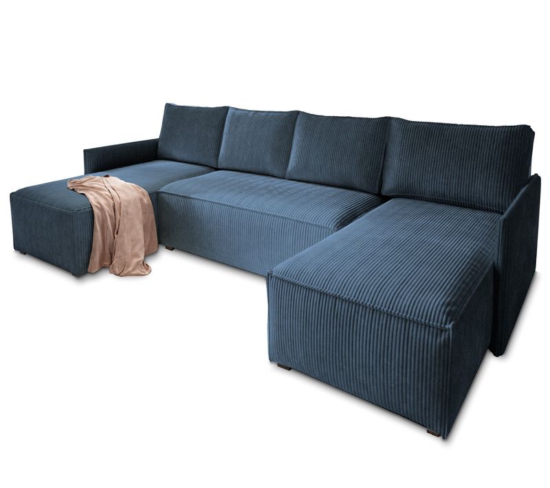 Canapé D'angle Tres Bleu En Velours Côtelé Avec Fonction De Couchage