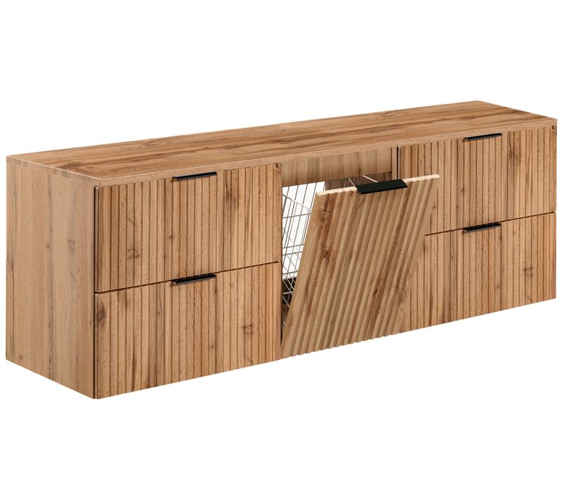 Meuble Suspendu Sous Vasque Adel Chêne 160 Cm Avec Panier à Linge Et Plan