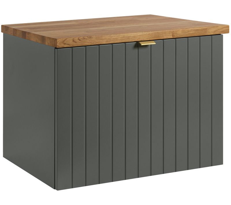 Meuble Sous-vasque Suspendu Harmo 60 Cm Avec Plan En Bois Massif Façade Rainurée Vert Semi-mat