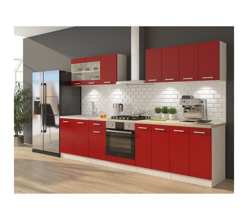 Cuisine Complète 300 Cm Rouge Mat Avec Meuble Four Et Plans De Travail 28 Mm