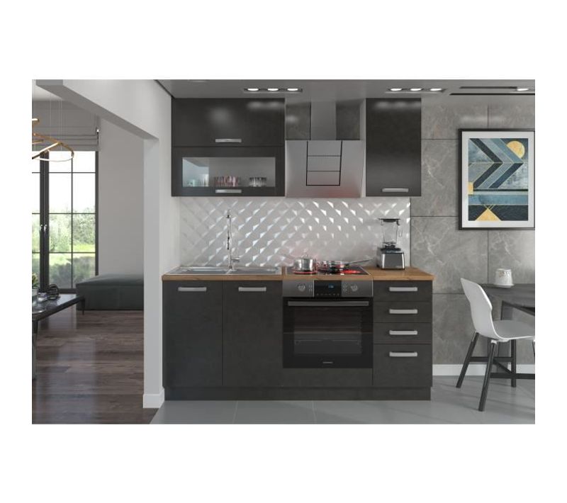 Lassen Cuisine Complete L 180 Cm Avec Meuble Four Et Plans De Travail - 6 Éléments - Gris Matera