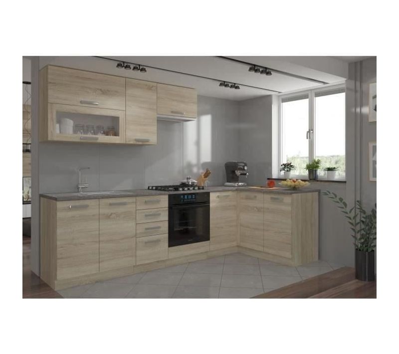 Lassen Cuisine Complete D'angle 240x165 Cm Avec Plan De Travail Angle Réversible Décor Chene Sonoma