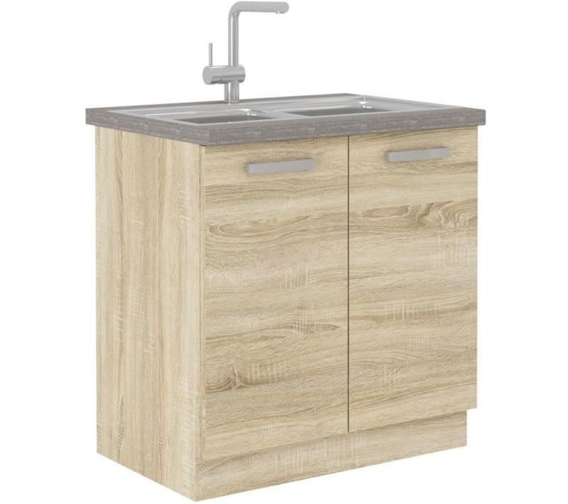 Meuble Bas De Cuisine Sous Évier L 80 Cm Décor Chêne Clair Sonoma Lassen