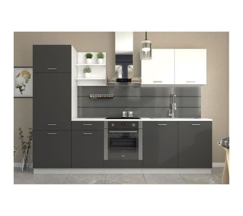 Cuisine Équipée Graphit 270 Cm - Plan De Travail 210x60 Cm Ép.28 Mm, Gris