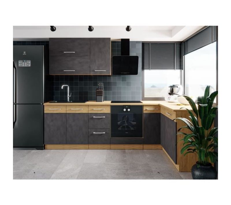 Cuisine Complète D'angle Rock 268 X 148 Cm - Angle Réversible - Décor Chêne Et Gris Matera