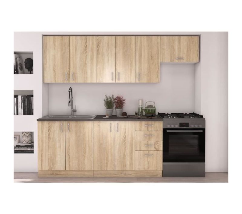Sara Cuisine Complete Modulable - 7 Éléments - Décor Chene Sonoma - L 240 Cm