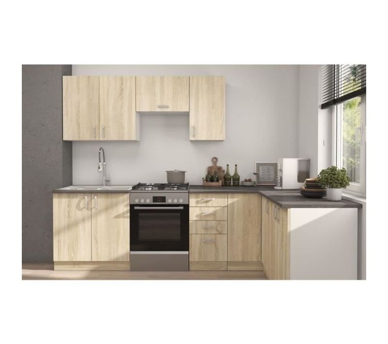 Sara Cuisine Complete Modulable - Angle Réversible - 7 Éléments - Décor Chene Sonoma - L270xl148 Cm