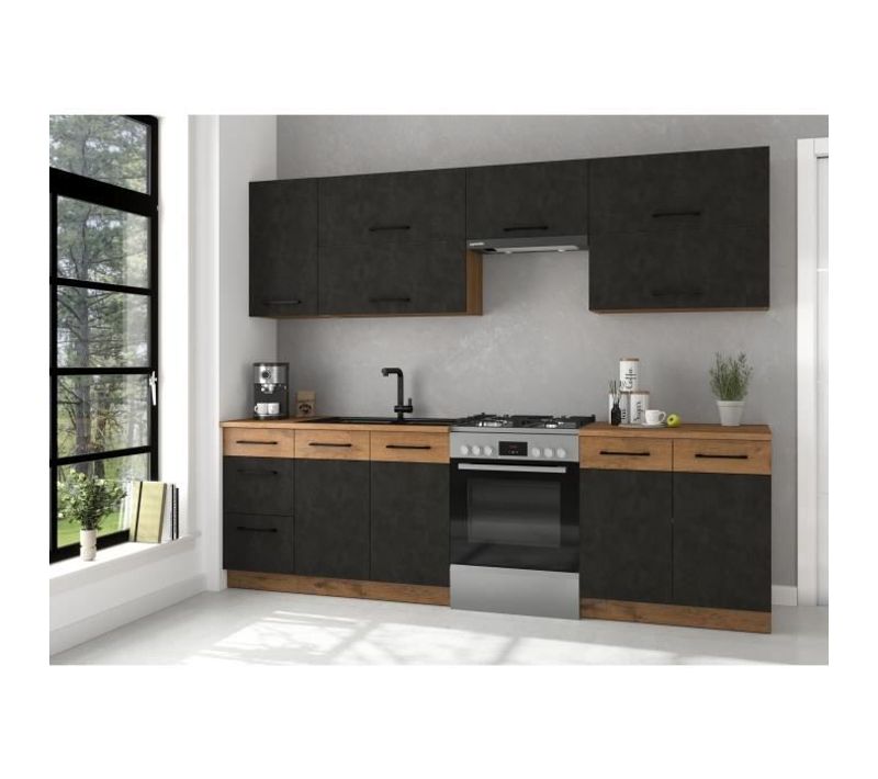 Cuisine Complete Rock 7 Éléments - Décor Chêne Lancelot Et Gris Matera - L260xp52xh82cm