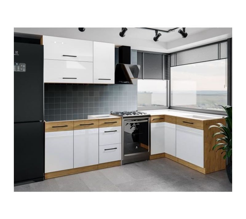 Cuisine Complete D'angle - Mélaminé Chene Lancelot Et Gris Matera - 270x150 Cm