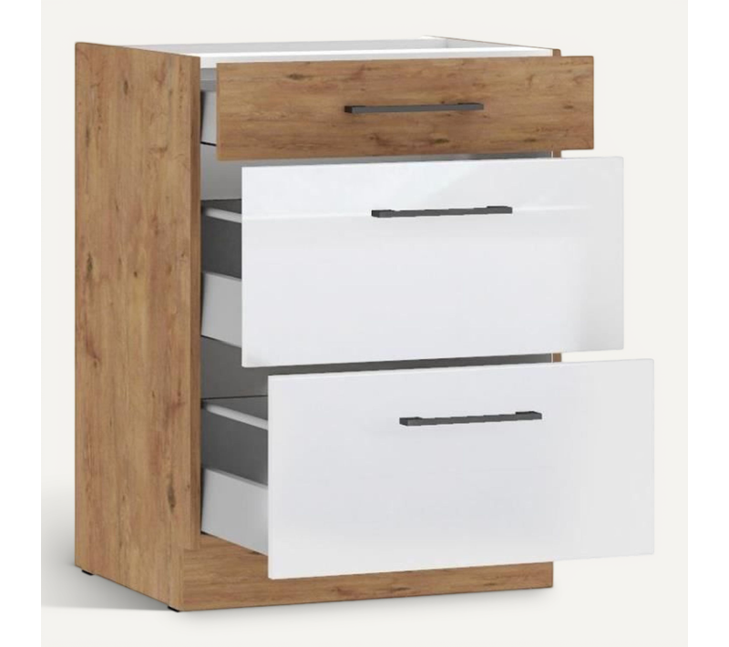 Meuble Bas Casserolier - Mélaminé Chene Lancelot Et Blanc Brillant - 60 Cm - 3 Tiroirs