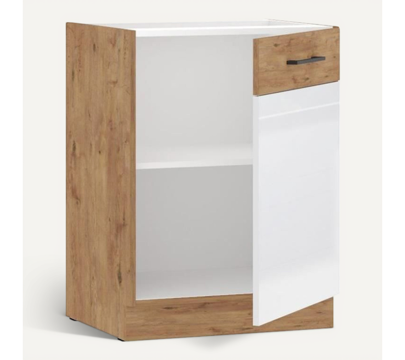 Meuble Bas - Mélaminé Chene Lancelot Et Blanc Brillant - 60 Cm - 1 Porte Battante