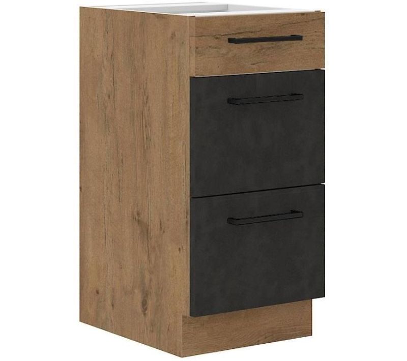 Rock - Meuble Casserolier - 3 Tiroirs - 40 Cm - Chêne Lancelot Et Gris Matera - Cuisinier