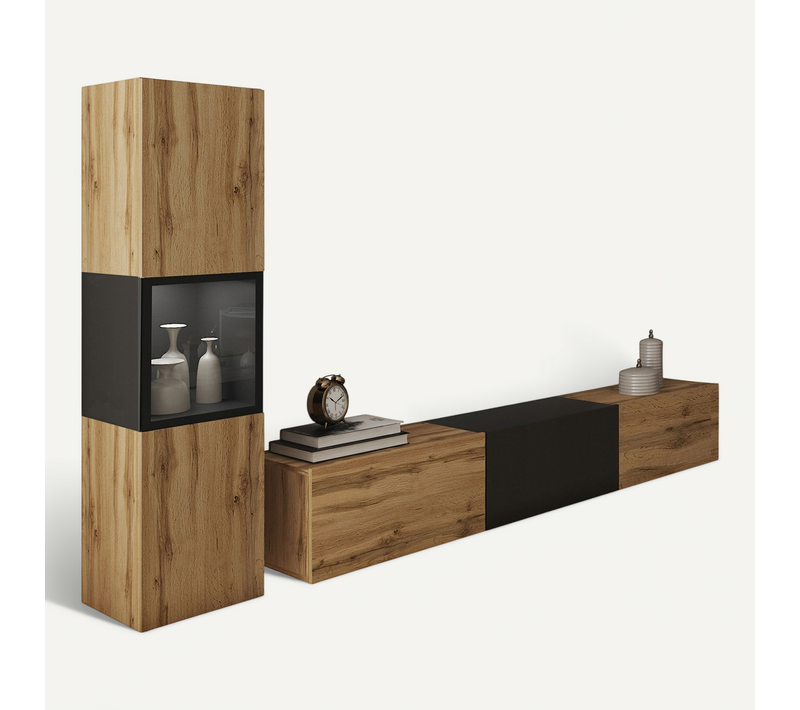 Mur TV 180 Cm Vitrine Chêne Wotan Mat / Noir Mat