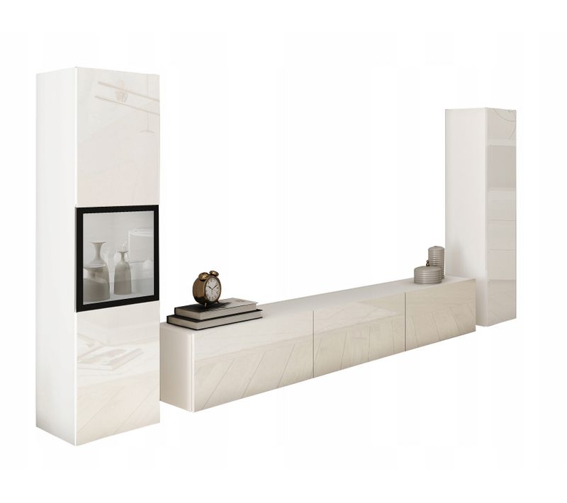 Mur TV 180 Cm Vitrine + Colonne Blanc Mat / Blanc Brillant