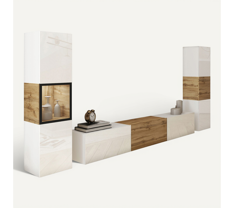 Mur TV 180 Cm Vitrine + Colonne Chêne Wotan / Blanc Brillant