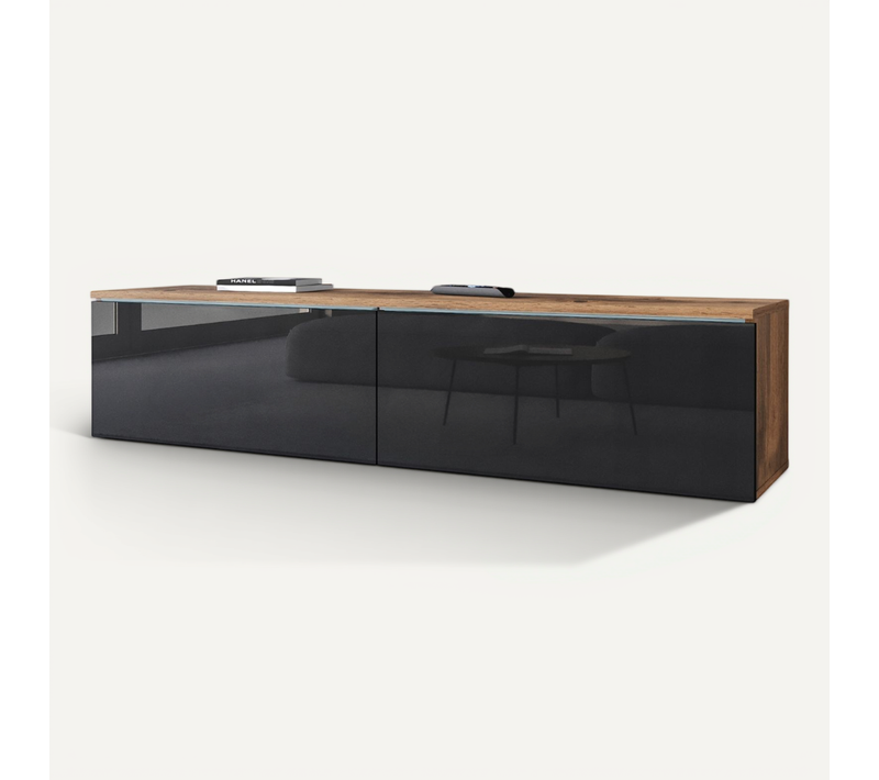 Meuble TV 140 Cm 2 Portes Chêne Wotan Mat / Noir Brillant Suspendu Ou Posé
