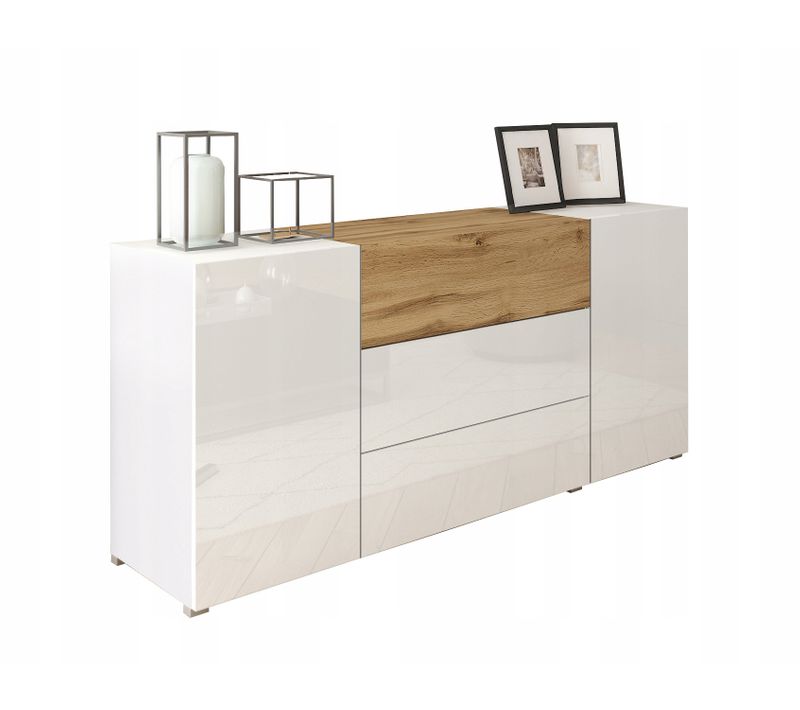 Buffet 150 Cm 3 Tiroirs 2 Portes Blanc Mat / Blanc Brillant Insert Chêne Wotan
