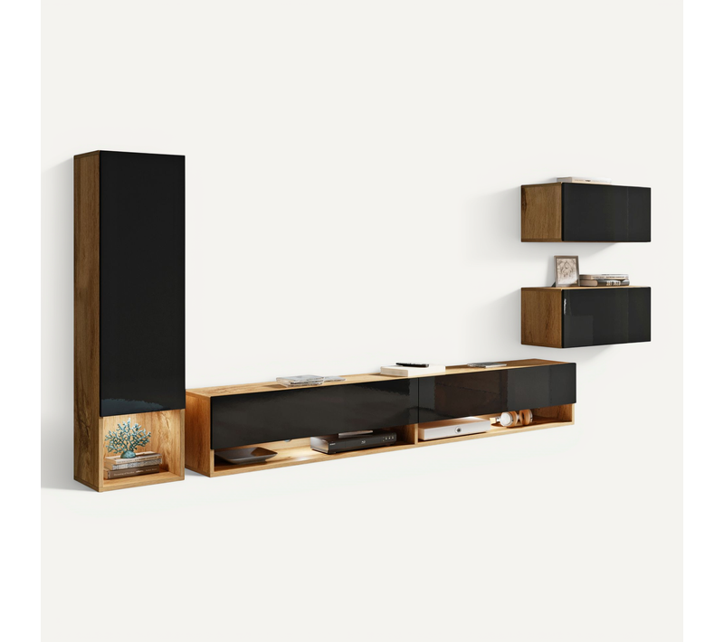 Mur TV Suspendu 180 Cm Colonne + Rangements Chêne Wotan / Noir Brillant