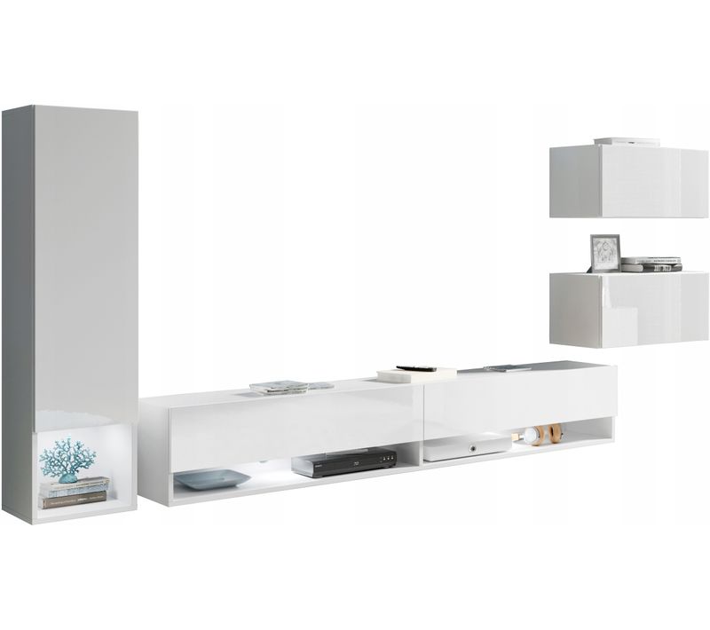 Meuble Mural TV Suspendu 180 Cm Colonne + Rangements Blanc / Blanc Brillant