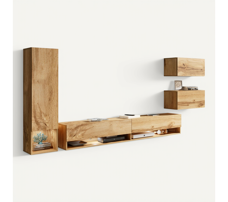 Mur TV Suspendu 180 Cm Colonne + Rangements Chêne Wotan Mat