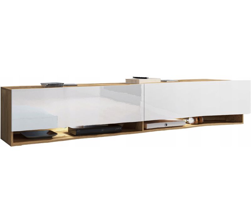 Meuble TV 180 Cm Sans Poignées Chêne Wotan / Blanc Brillant Suspendu Ou Posé