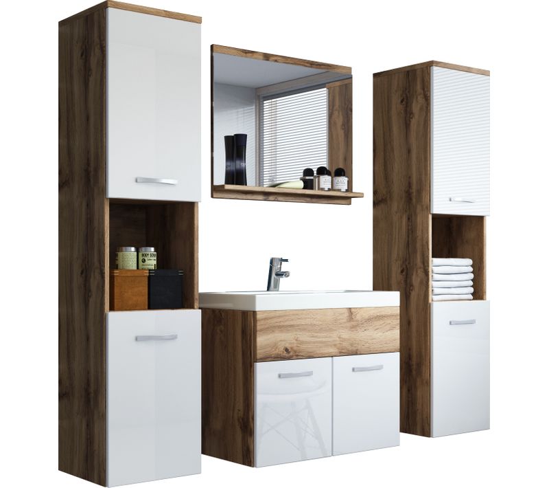 Salle De Bain Suspendue Lavabo Miroir + 2 Colonnes Wotan / Blanc Brillant