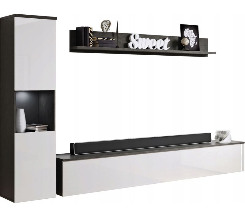 Meuble Mural 3 Pièces: Colonne + TV 180 Cm, Matera / Blanc Brillant