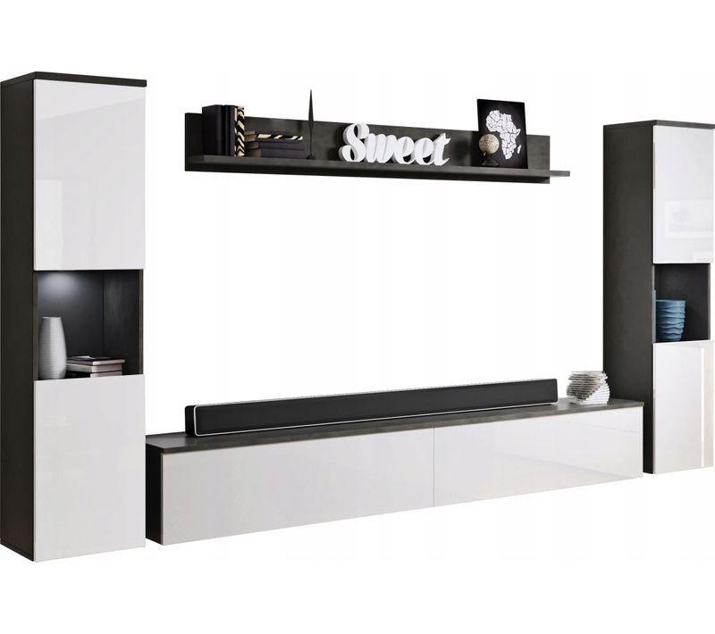 Mur TV 4 Pièces: 2 Colonnes + TV 180 Cm, Matera / Blanc Brillant