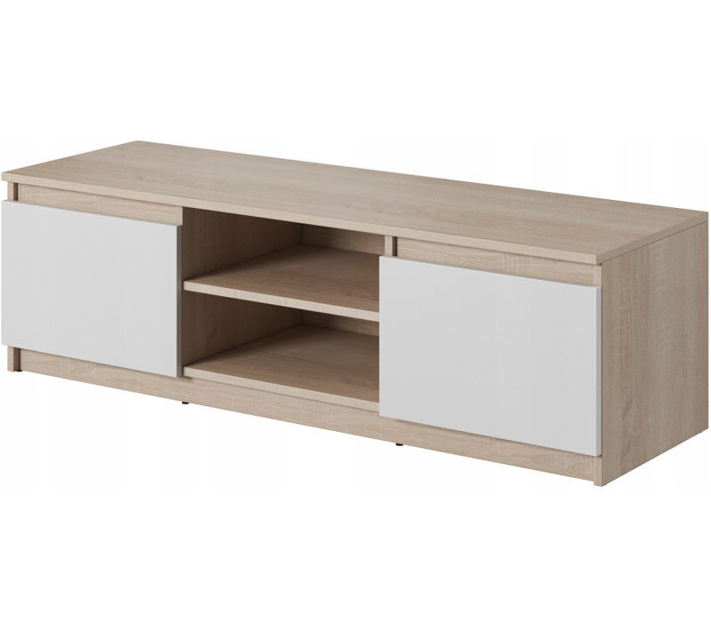 Meuble TV 120 Cm 2 Placards + Étagères Chêne Sonoma / Blanc Mat