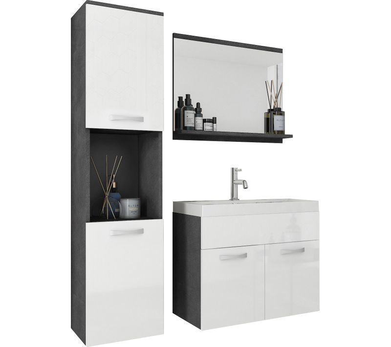 Salle De Bain Suspendue Lavabo Miroir + Colonne Matera / Blanc Brillant