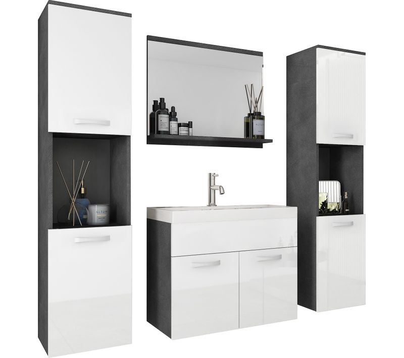 Salle De Bain Suspendue Lavabo Miroir + 2 Colonnes Matera / Blanc Brillant