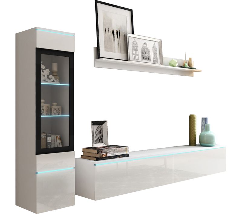 Ensemble Salon 3 éléments: TV 180 + Vitrine + étagère, Blanc Mat / Blanc Brillant
