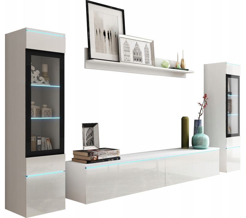 Ensemble Salon 4 éléments: TV 180 + 2 Vitrines + étagère, Blanc Mat / Blanc Brillant
