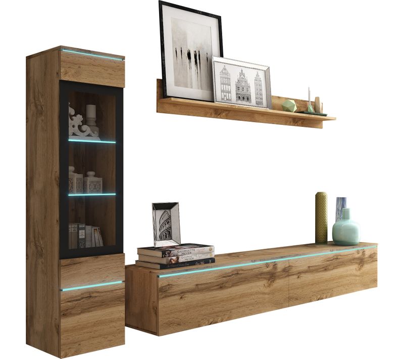 Ensemble Salon 3 Éléments: TV 180 + Vitrine + Étagère, Chêne Wotan Mat