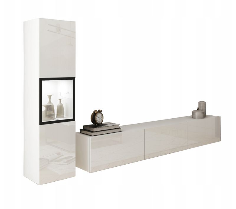 Mur TV 180 Cm Vitrine Blanc Mat / Blanc Brillant