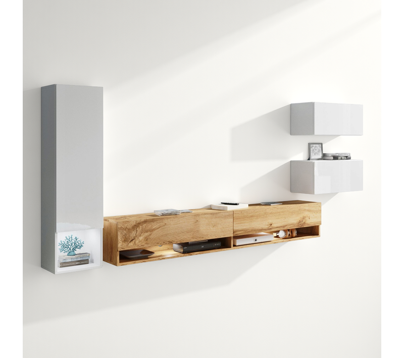 Mur TV Suspendu 180 Cm Colonne + Meubles Blanc Brillant / Chêne Wotan