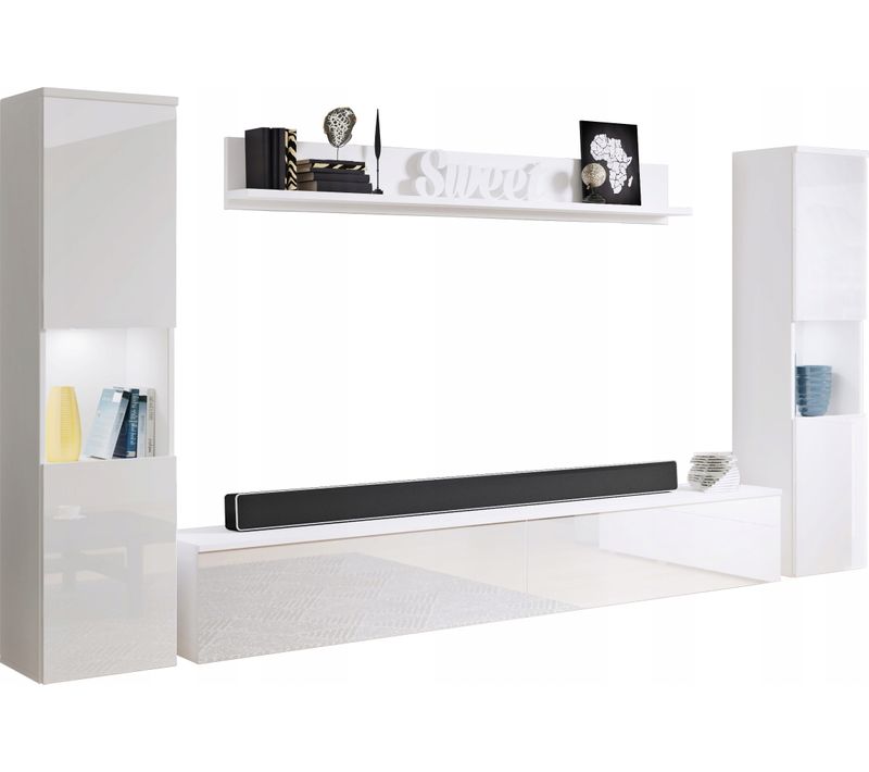 Mur TV 4 Pièces: 2 Colonnes + TV 180 Cm, Blanc Mat / Blanc Brillant
