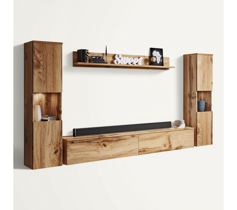 Mur TV 4 Pièces: 2 Colonnes + TV 180 Cm, Chêne Wotan Mat