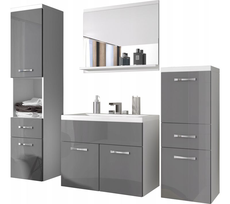 Meubles Salle De Bain Suspendus Lavabo Miroir Colonnes Blanc Mat / Gris Brillant