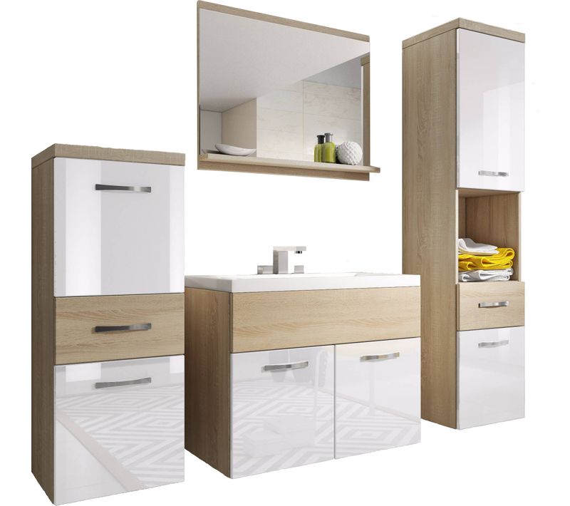 Meubles Salle De Bain Suspendus Lavabo Miroir Colonnes Chêne Sonoma Mat / Blanc Brillant